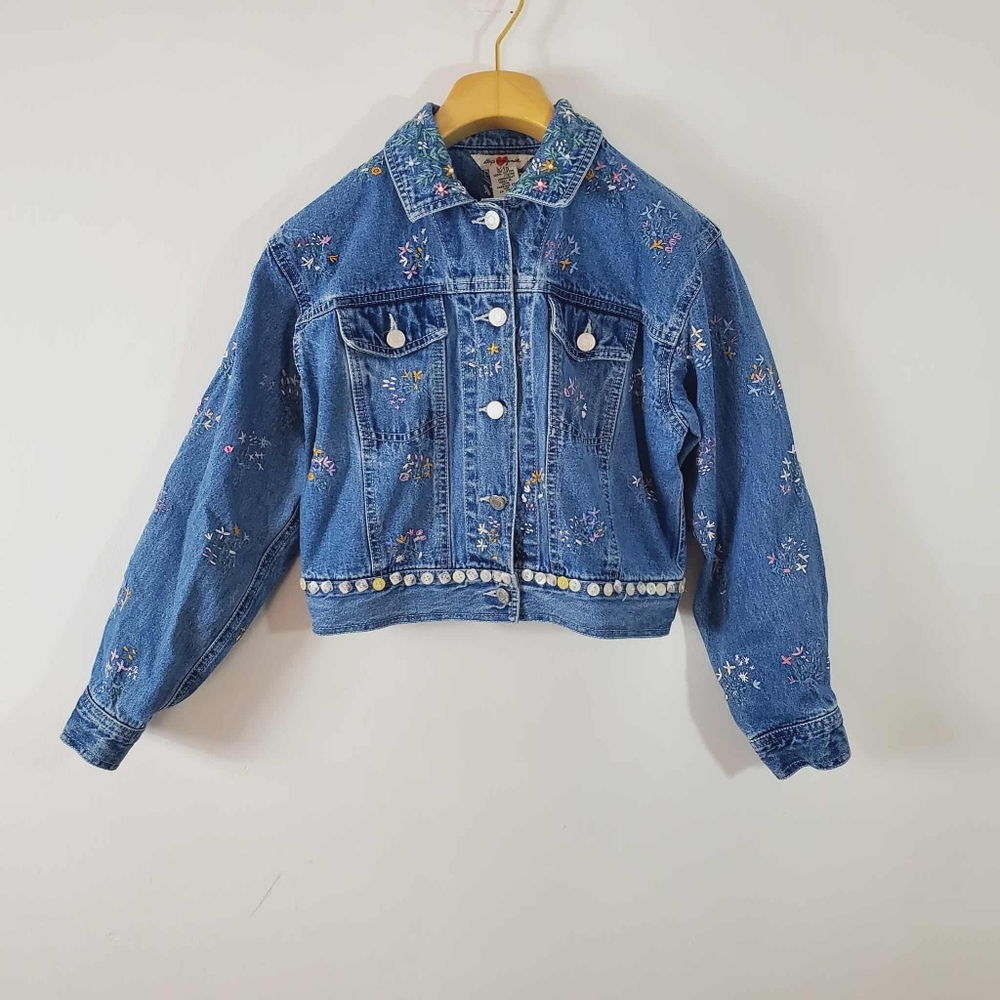 Vintage Y2k Sap Original Flower Embroidered Cotton Jean Jacket Size L/XL